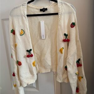 Aqua Cream Cardigan with Colorful Fruit Accents